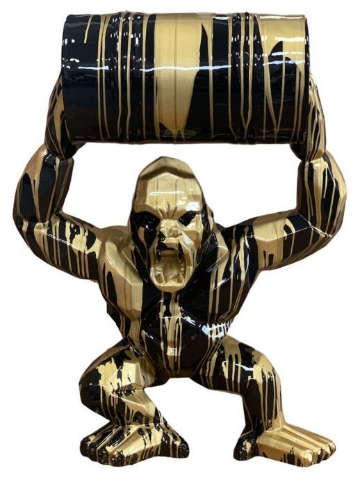 STATUA GORILLA ORIGAMI IN RESINA CON BIDONE 95 CM NERO TRASH ORO