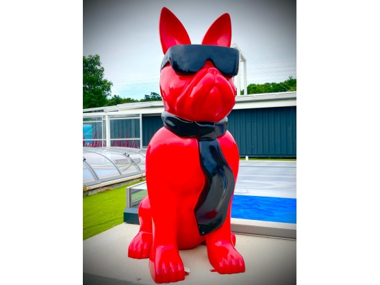 STATUA CANE BULLDOG FRANCESE IN RESINA CON CRAVATTA/OCCHIALI 190 CM