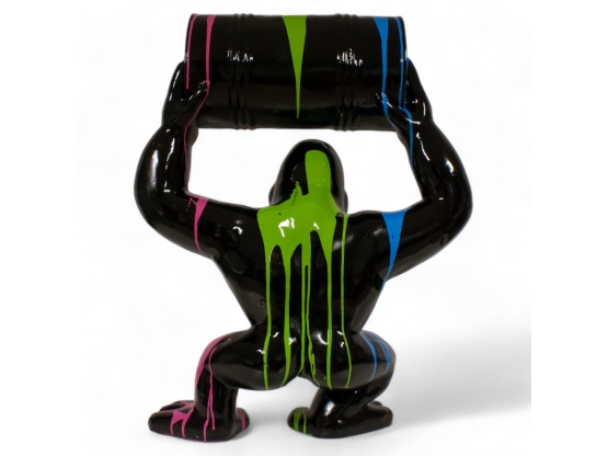 STATUA GORILLA IN RESINA NERA CON BIDONE NERO 95 CM