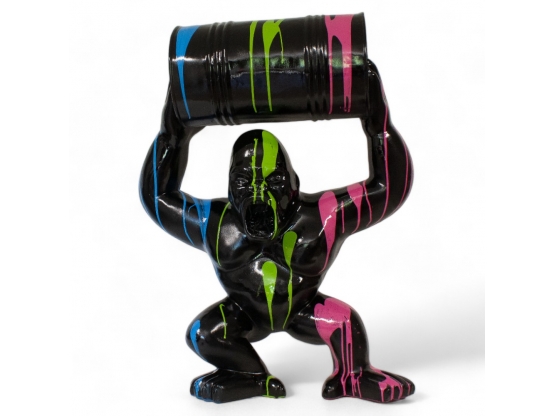 STATUA GORILLA IN RESINA NERA CON BIDONE NERO 95 CM