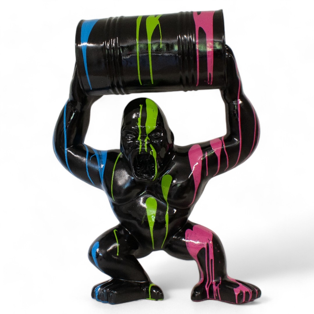 STATUA GORILLA IN RESINA NERA CON BIDONE NERO 95 CM