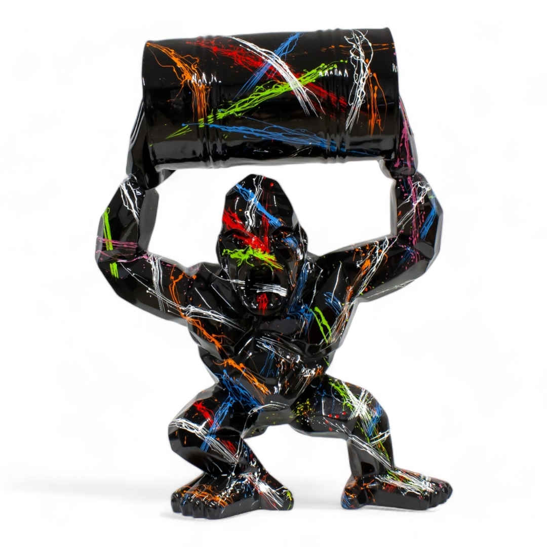 STATUA GORILLA ORIGAMI IN RESINA SPLASH NERA CON BIDONE 95 CM
