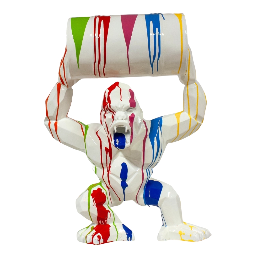 STATUA GORILLA ORIGAMI IN RESINA BIANCA TRASH CON BIDONE 95 CM