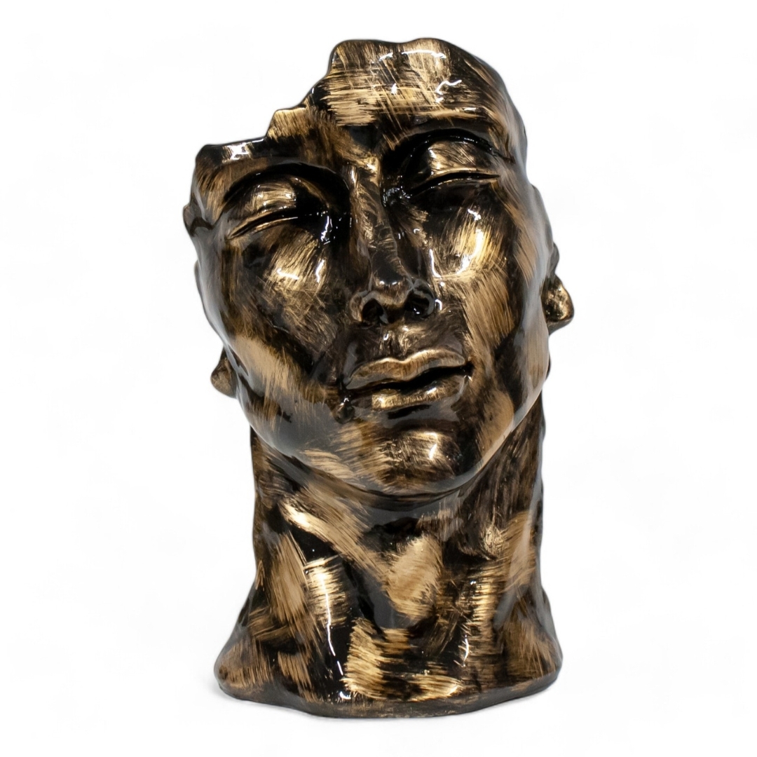 STATUA VOLTO IN RESINA PATINATA ORO H 52 CM