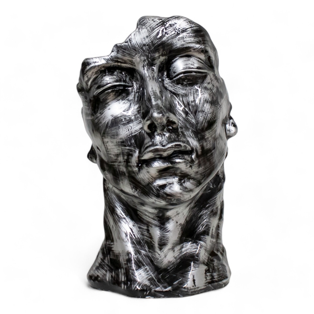 STATUA VISO IN RESINA PATINATA ARGENTO H 52 CM
