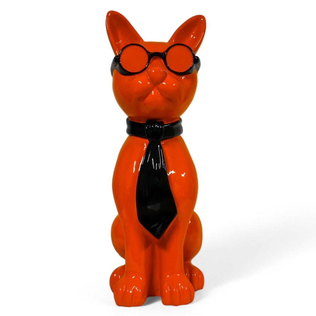 STATUA GATTO IN RESINA CON OCCHIALI E CRAVATTA ARANCIONE / NERA 80 CM