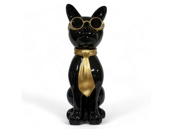 GATTO IN RESINA OCCHIALI E CRAVATTA NERA / ORO 80 CM