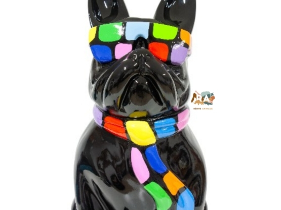 STATUA BOULEDOGUE FRANCESE IN RESINA SEDUTO CON OCCHIALI/CRAVATTA NERA SMARTIES 80 CM