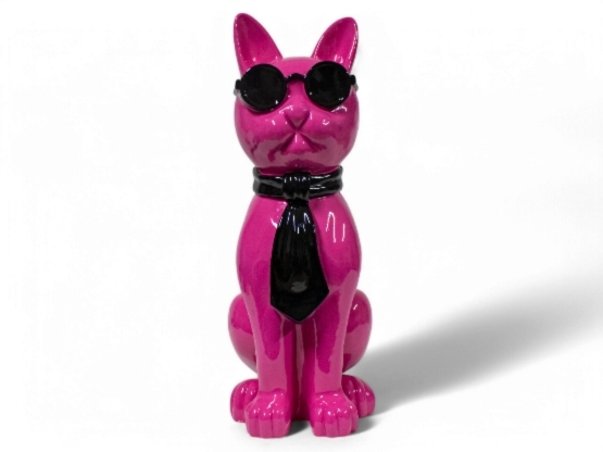GATTO IN RESINA OCCHIALI E CRAVATTA ROSA / NERA 60 CM