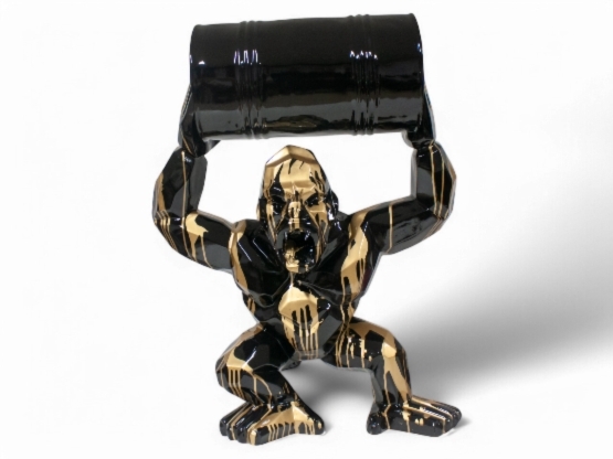 GORILLA ORIGAMI IN RESINA NERA E ORO CON BIDONE NERO 95 CM